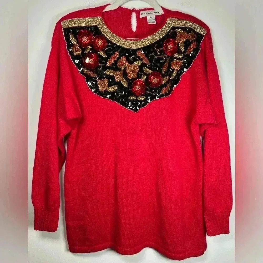Vintage Victoria Harbour Holiday Sweater Red Gold Black Sequin Bead Size Medium
